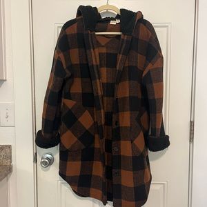 Black and Orange Plaid/Gingham Hooded Jacket Long with Buttons
